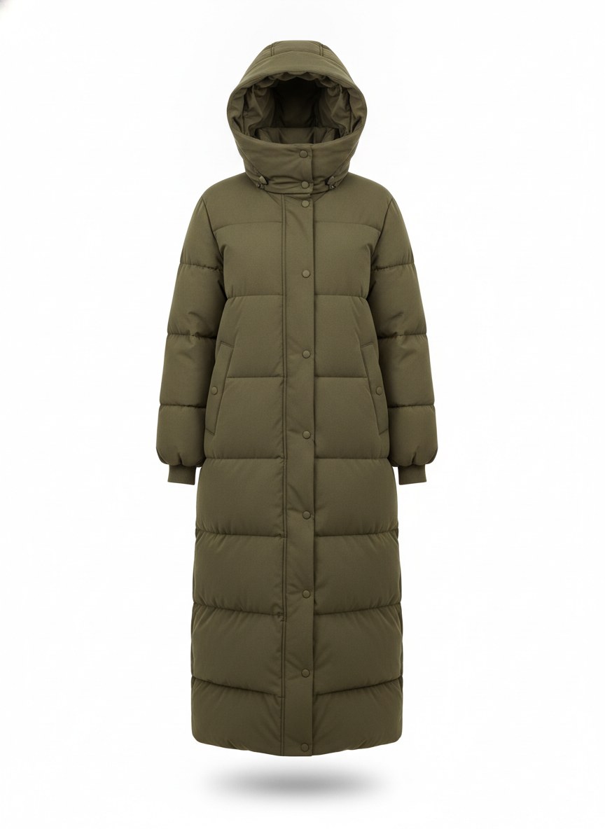Пуховик макси с капюшоном